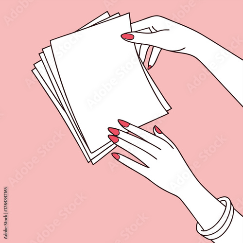 Two stylized hands with red-painted nails hold a neat stack of blank white paper against a solid pink background; one wrist wears a white bracelet.