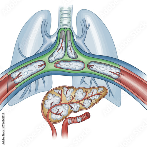 Detailed medical illustration of pulmonary alveoli and pancreatic acini showing pathological changes and cellular structures for scientific research and education