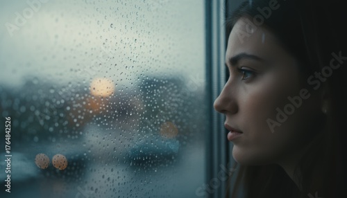 Pensive young woman gazes through a window covered in raindrops on a gloomy day.