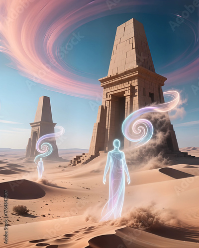 Wallpaper Mural A vast minimalist desert landscape under a surreal, swirling two-colored sky, featuring colossal, geometric structures resembling ancient relics emerging from the sands. Ethereal figures of translucen Torontodigital.ca