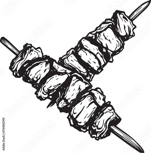 Grilled meat skewers — black and white stylized illustration of crossed barbecue sticks with roasted chunks for food themes