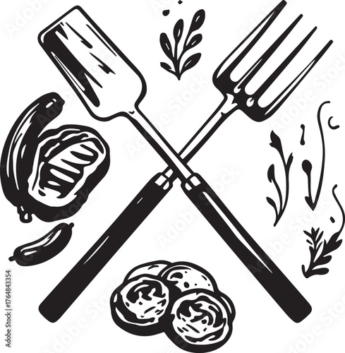 Barbecue icon set — black and white stylized spatula, fork, grilled steak, sausages, herbs, and vegetables for cooking themes