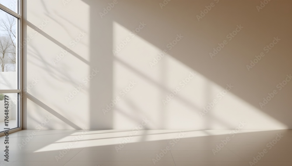 Fototapeta premium Bright Empty Interior Space with Natural Light and Shadows Projecting on the Floor