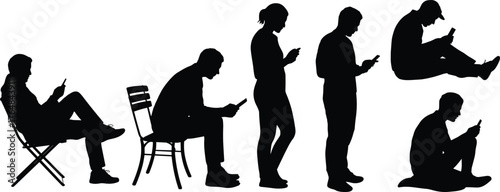 Silhouette people using smartphone, sitting and standing mobile phone users, digital addiction posture, modern lifestyle technology, device engagement, social media