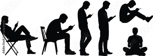Silhouette people using smartphone, mobile phone addiction concept, sitting standing crouching positions, digital lifestyle, technology dependence, modern communication, 
