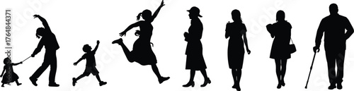 Human life stages silhouette, childhood to old age, evolution of people, generational growth, family concept, aging process, lifestyle illustration, black vector design, timeline progression