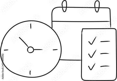 Hand-Drawn Line Art Icon – Time Management with Clock, Calendar, and Checklist