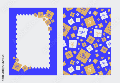Festive Gift Box Pattern in Blue and Gold – A Modern Celebration of Joy and Elegance Frame Print Card 