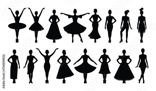 Stylish Lady Silhouette Collection Dress Design and Model Pose Vector Design
