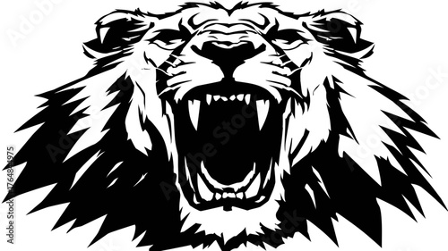 Dynamic Roaring Lion Head Illustration. Majestic and Fierce Wild Cat Mascot Design in Black and White.