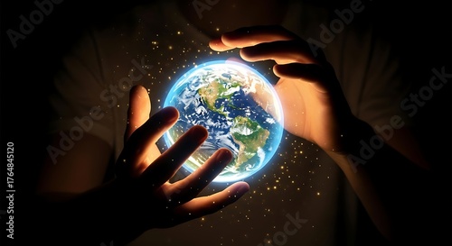 Hands carefully holding a glowing planet Earth in darkness.