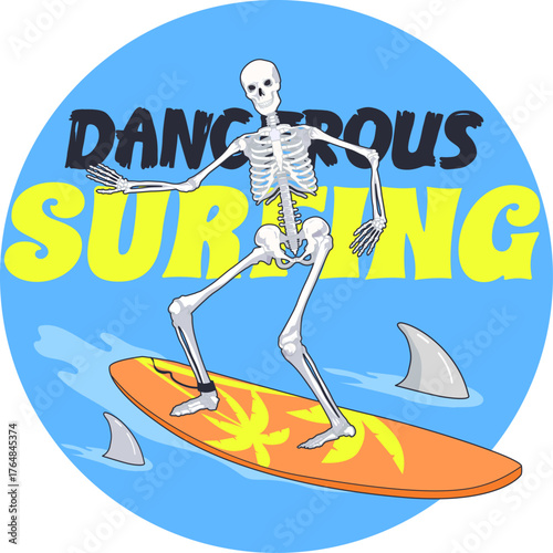 Skeleton surfing with dangerous sharks funne print illustration art