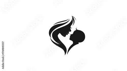 Loving mother and baby silhouette forming a heart shape, symbolizing maternal care, bond, and family love. Minimalist graphic design.