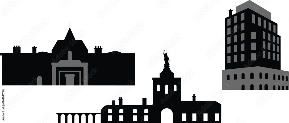 Obraz premium Silhouette of three buildings in classical, judicial, and modern styles, black vector illustration for architecture, urban planning, and heritage concept