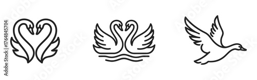 Set of Flat Vector Swan Line Art Icons