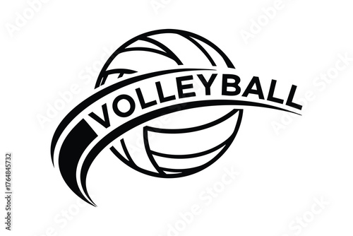Monochromatic Volleyball Logo Vector Clean Graphic Emblem with Swooping Banner and Text for Sport Team, Club or Tournament Branding on White