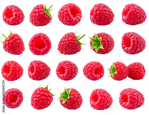 Rows of red raspberries with small green stems, presented on a black background in a neat grid pattern