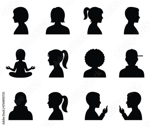 Set of Black Silhouette Profile and Bust Avatars