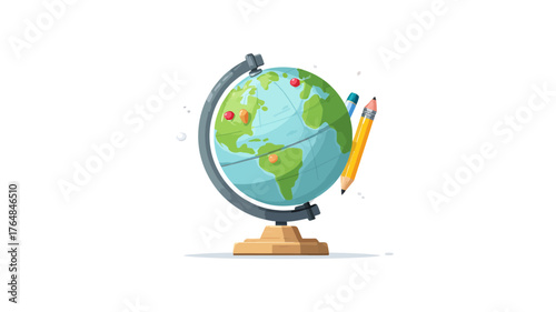 Cartoon desktop globe with location pins and a pencil, symbolizing geography, education, travel planning, and global studies.