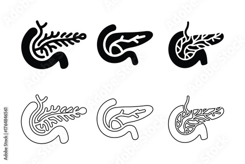 Human Pancreas Organ Icon Set. Digestion, Endocrine, and Medical Symbols