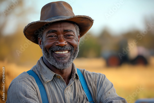 A smiling farmer in a hat standing in a field