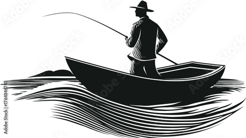 Vintage woodcut style illustration of a solitary fisherman in a small boat on wavy water, actively casting a fishing rod.