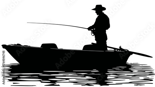 Vector silhouette of a lone fisherman in a small boat on serene water, capturing the essence of a peaceful outdoor hobby.