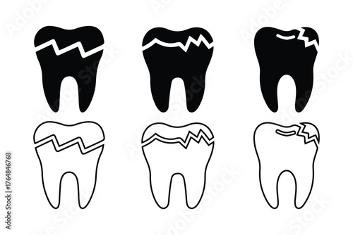 Cracked Tooth Damage Icon Set. Dental Pain and Injury Symbols