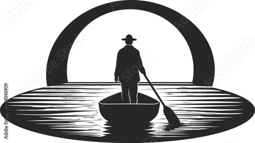 Mysterious silhouette graphic of a man in a hat standing in a rowboat, paddling on calm water beneath an archway, vector art.