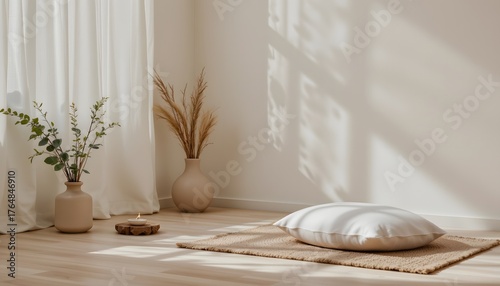 Bright Minimalist Interior Space with Neutral Tones and Natural Elements in a Relaxing Atmosphere