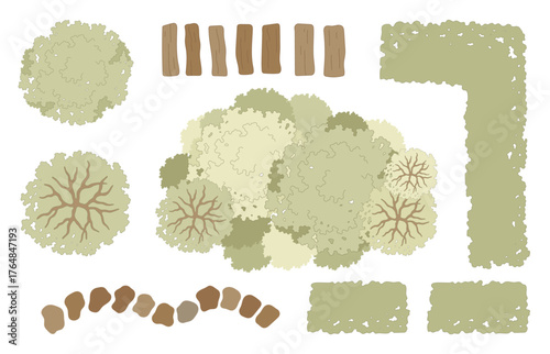 Tree for architectural floor plans. Entourage design. Various trees, bushes, and shrubs, top view for the landscape design plan. Vector illustration.
