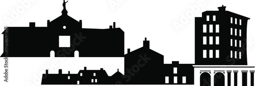 Urban skyline silhouette with mixed architecture including historic statue building, residential homes, and modern towers for city planning and design themes