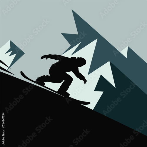 A dynamic silhouette of a snowboarder in motion against a backdrop of stylized, sharp mountain peaks and pine trees.