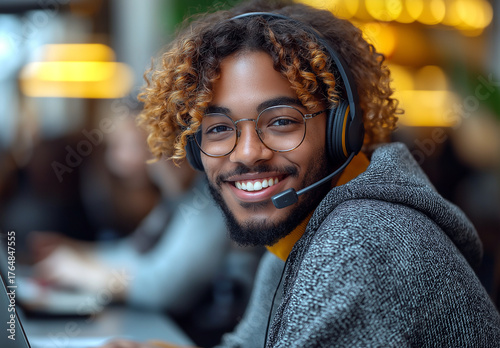 A man with a headset smiles at the camera in an office