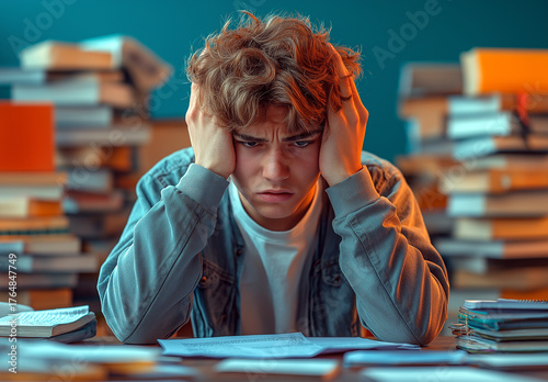 Stressed student with hands on head at a desk, books