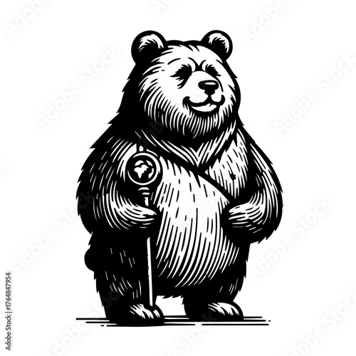A smiling bear illustration holding a staff with a globe emblem.