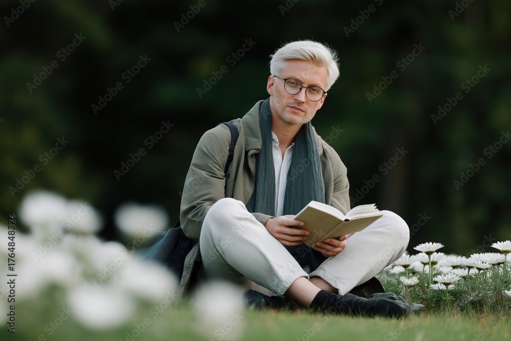 Obraz premium Caucasian mature male reading book in nature surrounded by white flowers