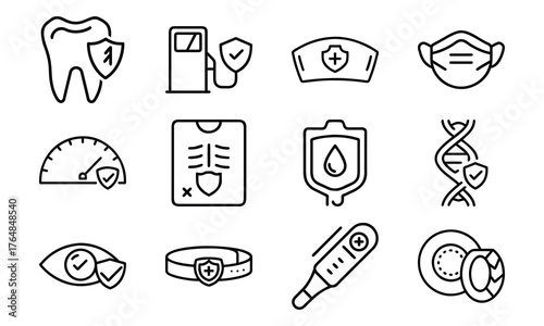 Medical and Vehicle Insurance Line Icons – Health, Auto, Life, and Safety Protection Outline Vector Icon Set for Insurance, Hospital, and Business Design
