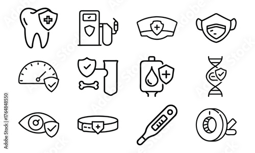 Medical and Vehicle Insurance Line Icons – Health, Auto, Life, and Safety Protection Outline Vector Icon Set for Insurance, Hospital, and Business Design