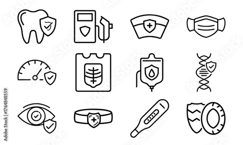 Medical and Vehicle Insurance Line Icons – Health, Auto, Life, and Safety Protection Outline Vector Icon Set for Insurance, Hospital, and Business Design