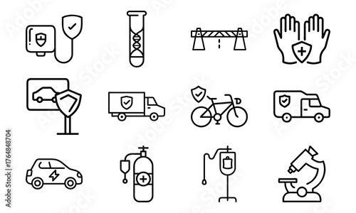 Medical and Vehicle Insurance Line Icons – Health, Auto, Life, and Safety Protection Outline Vector Icon Set for Insurance, Hospital, and Business Design