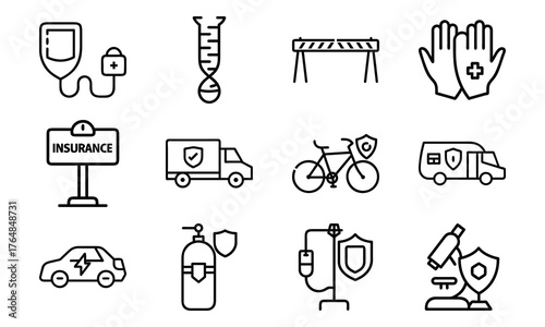 Medical and Vehicle Insurance Line Icons – Health, Auto, Life, and Safety Protection Outline Vector Icon Set for Insurance, Hospital, and Business Design