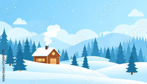 Cozy Wooden Cabin in Snowy Winter Forest Landscape with Mountains and Pine Trees
