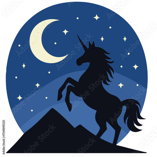 This image features a silhouette of a unicorn standing on its hind legs atop a mountain peak. The background showcases a deep blue night sky with a crescent moon and scattered stars.