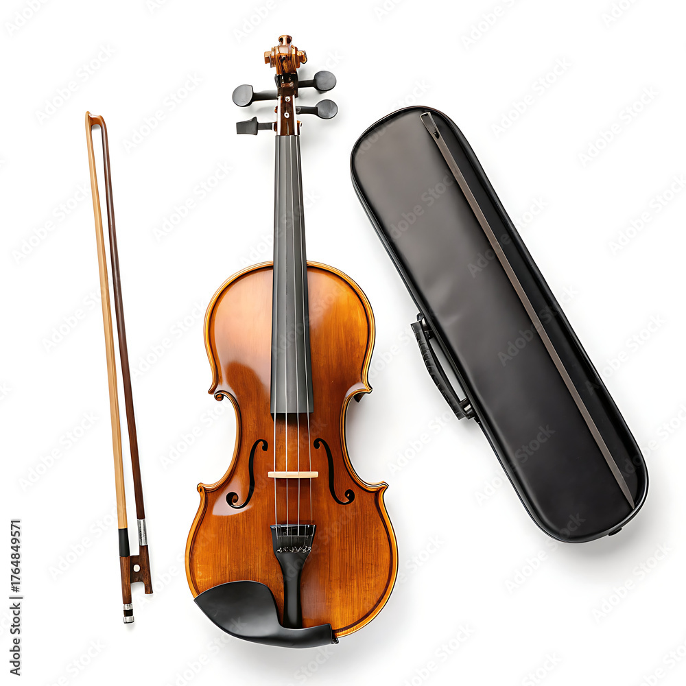 Fototapeta premium A top down view of a violin with a bow and a black case on a white background in a studio setting