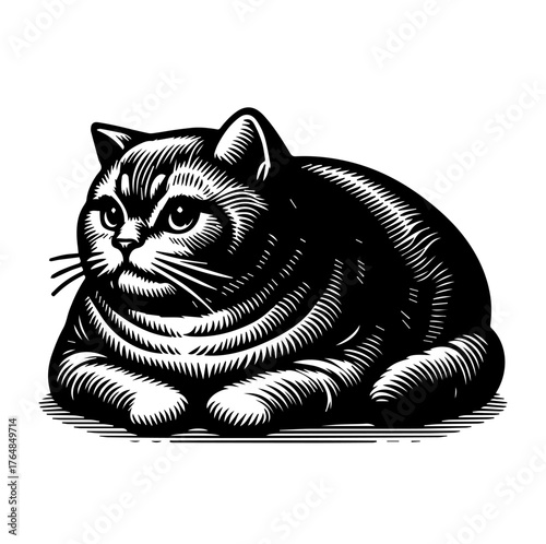 Black and white illustration of a chubby cat lying down, with detailed shading and a calm expression.