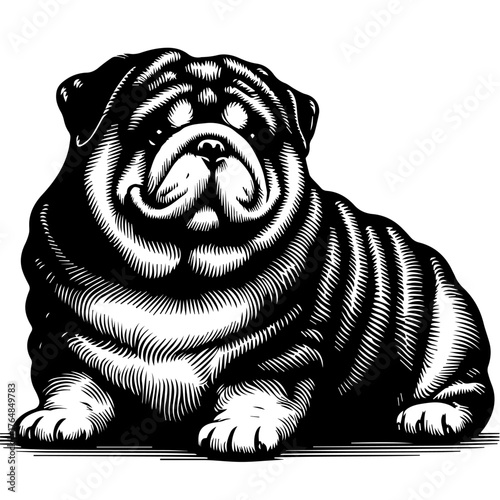 A black and white illustration of a seated English Bulldog with detailed linework and shading.