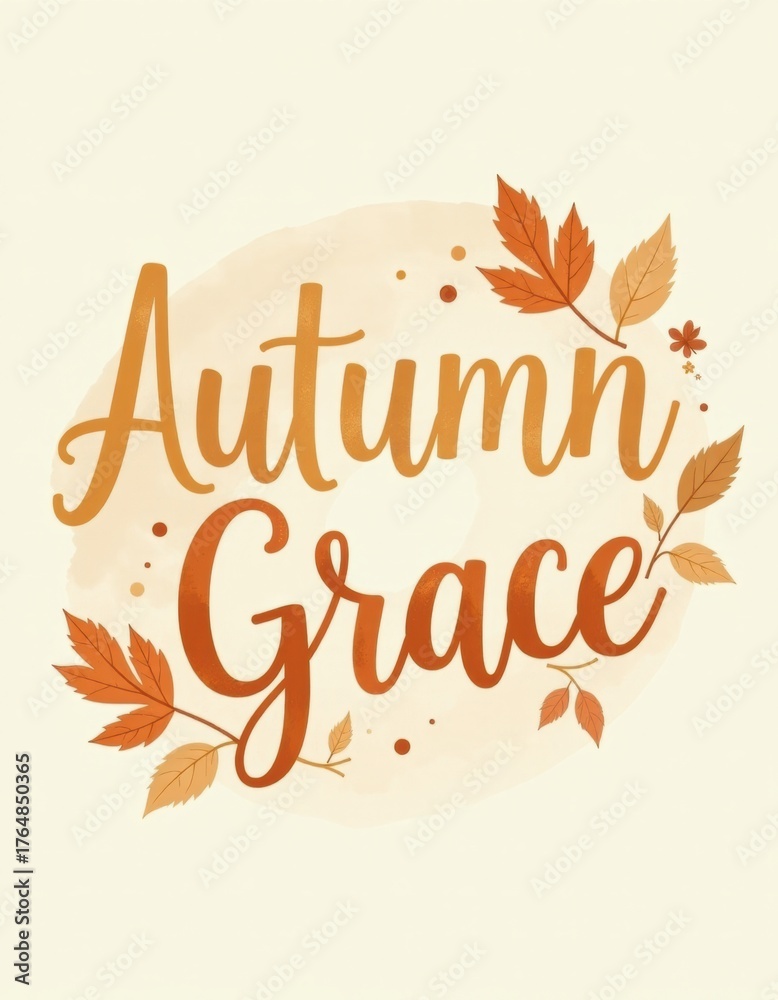 Obraz premium “Autumn Grace” in pale gold tones, floating leaves around letters, creamy background wash, poetic and delicate Thanksgiving card composition.