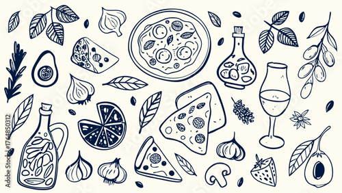 Hand-drawn Italian cuisine illustration in a vintage sketch style, with pasta dishes, bruschetta, olive oil bottles, basil leaves, garlic cloves, cheese, and tomatoes.