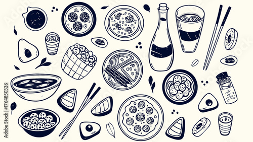 Hand-drawn Japanese food illustration in vintage sketch style, with sushi rolls, sashimi, ramen bowl, tempura, soy sauce bottle, wasabi, chopsticks, and sake cups.